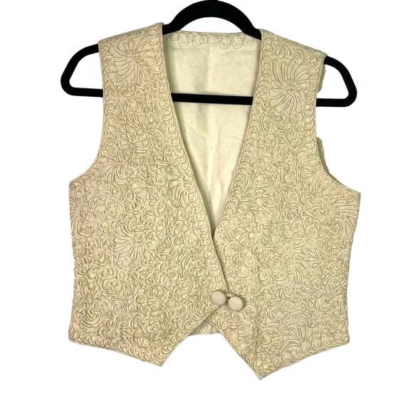 Vintage Cream Vest Ribbon Squiggle Floral Pattern M - Picture 1 of 6